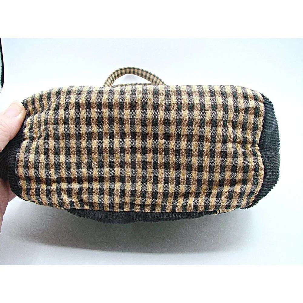 Longaberger Corduroy Plaid Tote Bag Purse Black Tan Khaki Check Homestead 9.5x10